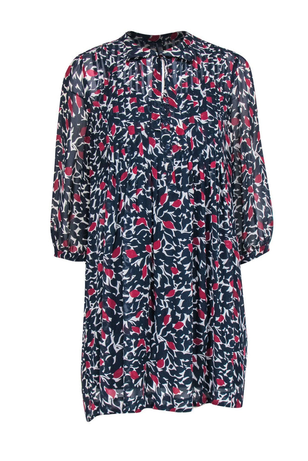 Current Boutique-Joie - Navy, Red & Cream Silk Shirtdress w/ Sheer Overlay Sz S
