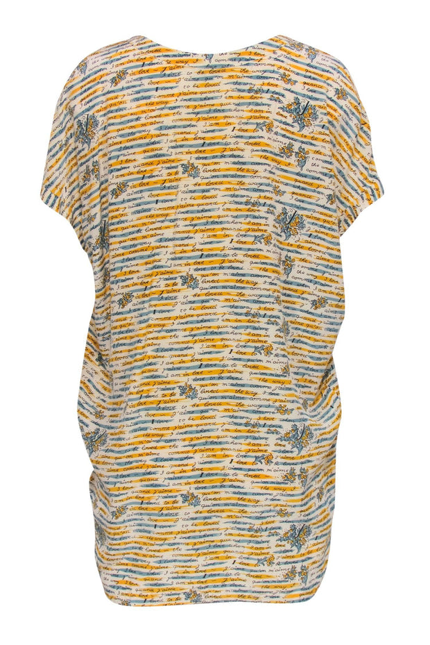 Current Boutique-Joie - White, Yellow & Blue Floral & French Text Print Silk Shift Dress Sz XS