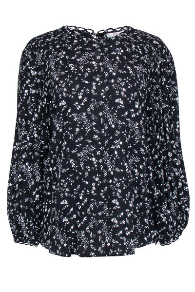 Current Boutique-Joie - Black w/ White Floral Smocked Neck Long Sleeve Top Sz L