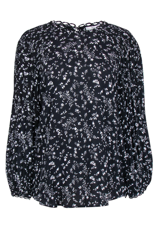 Current Boutique-Joie - Black w/ White Floral Smocked Neck Long Sleeve Top Sz L