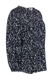 Current Boutique-Joie - Black w/ White Floral Smocked Neck Long Sleeve Top Sz L
