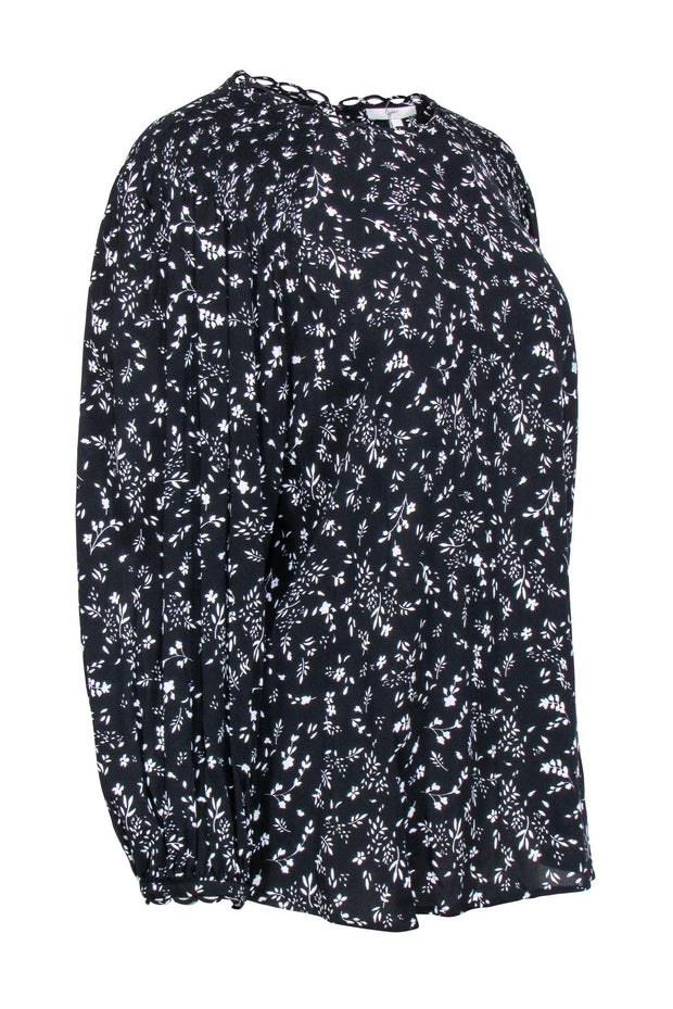 Current Boutique-Joie - Black w/ White Floral Smocked Neck Long Sleeve Top Sz L
