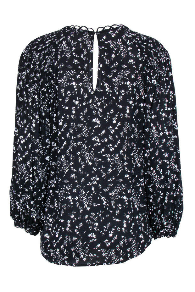 Current Boutique-Joie - Black w/ White Floral Smocked Neck Long Sleeve Top Sz L