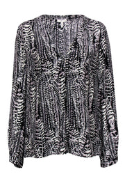 Current Boutique-Joie - Black & White Printed V-Neck Silk Blouse Sz M
