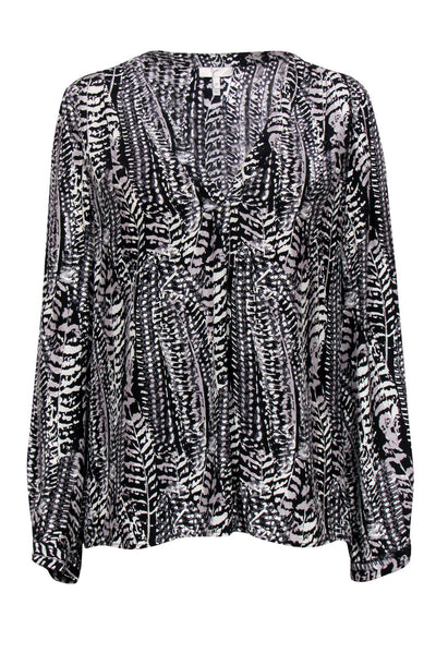 Current Boutique-Joie - Black & White Printed V-Neck Silk Blouse Sz M