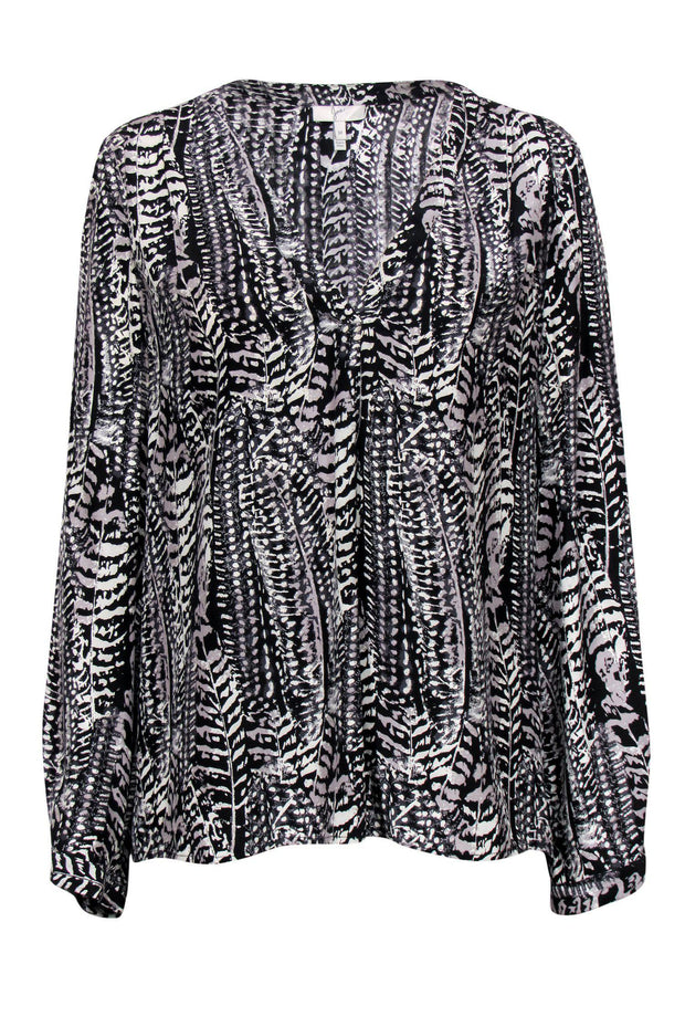 Current Boutique-Joie - Black & White Printed V-Neck Silk Blouse Sz M