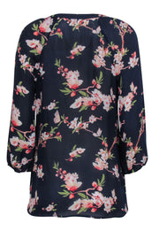 Current Boutique-Joie - Navy Sheer Floral Print Button Down Silk Blouse Sz M