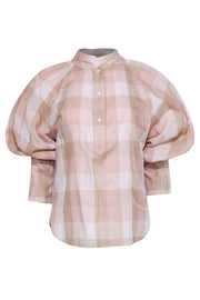Current Boutique-Joie - Light Pink Plaid Balloon Sleeve Blouse Sz M