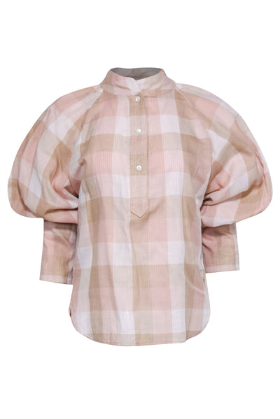 Current Boutique-Joie - Light Pink Plaid Balloon Sleeve Blouse Sz M