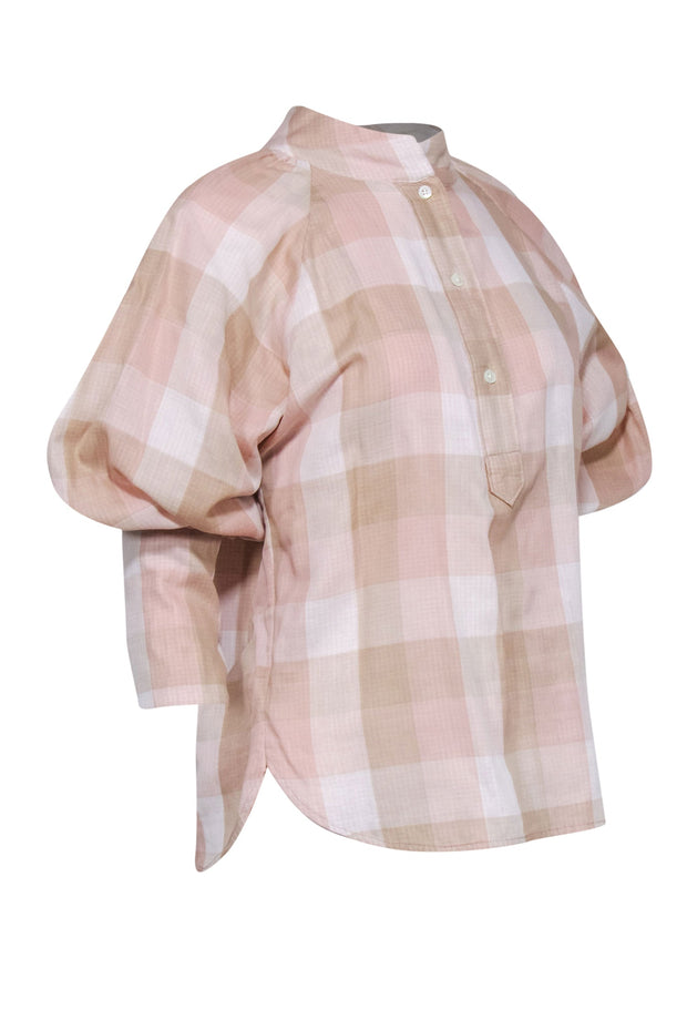 Current Boutique-Joie - Light Pink Plaid Balloon Sleeve Blouse Sz M