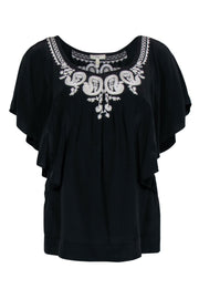 Current Boutique-Joie - Black Silk Ruffle Sleeve Embroidered Blouse Sz S