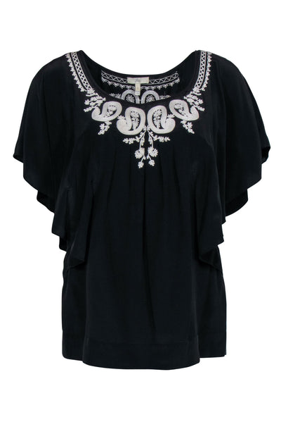 Current Boutique-Joie - Black Silk Ruffle Sleeve Embroidered Blouse Sz S