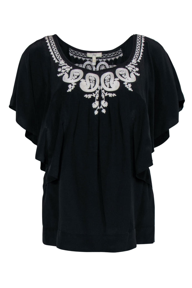 Current Boutique-Joie - Black Silk Ruffle Sleeve Embroidered Blouse Sz S