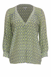 Current Boutique-Joie - Lime & Navy Medallion Print Silk Peasant Blouse Sz S