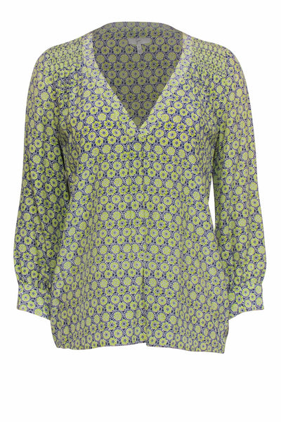 Current Boutique-Joie - Lime & Navy Medallion Print Silk Peasant Blouse Sz S