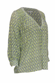 Current Boutique-Joie - Lime & Navy Medallion Print Silk Peasant Blouse Sz S