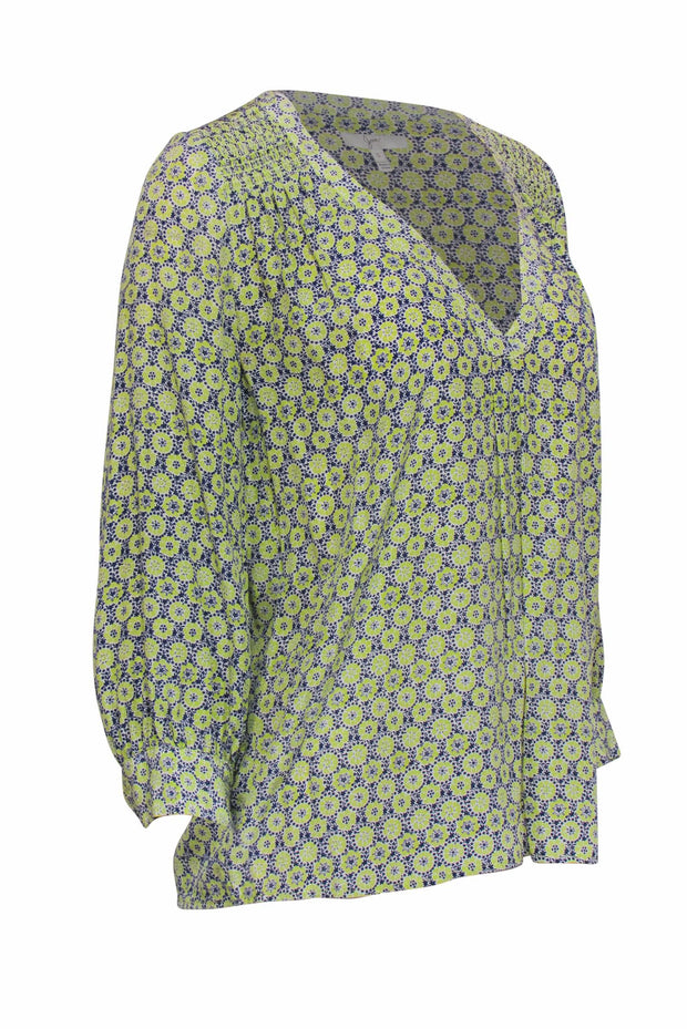 Current Boutique-Joie - Lime & Navy Medallion Print Silk Peasant Blouse Sz S