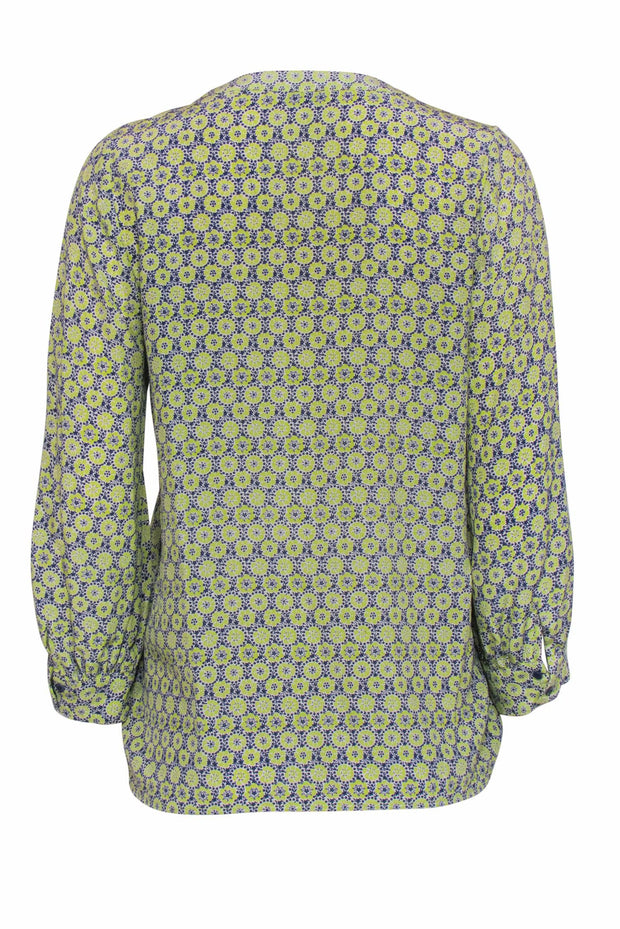 Current Boutique-Joie - Lime & Navy Medallion Print Silk Peasant Blouse Sz S
