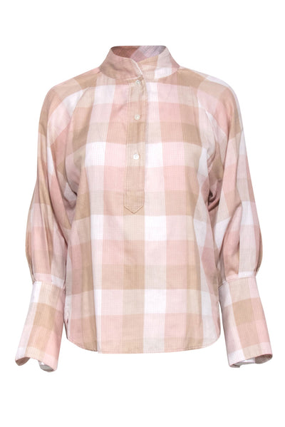 Current Boutique-Joie - Pale Pink & Beige Plaid Cotton Blouse Sz S