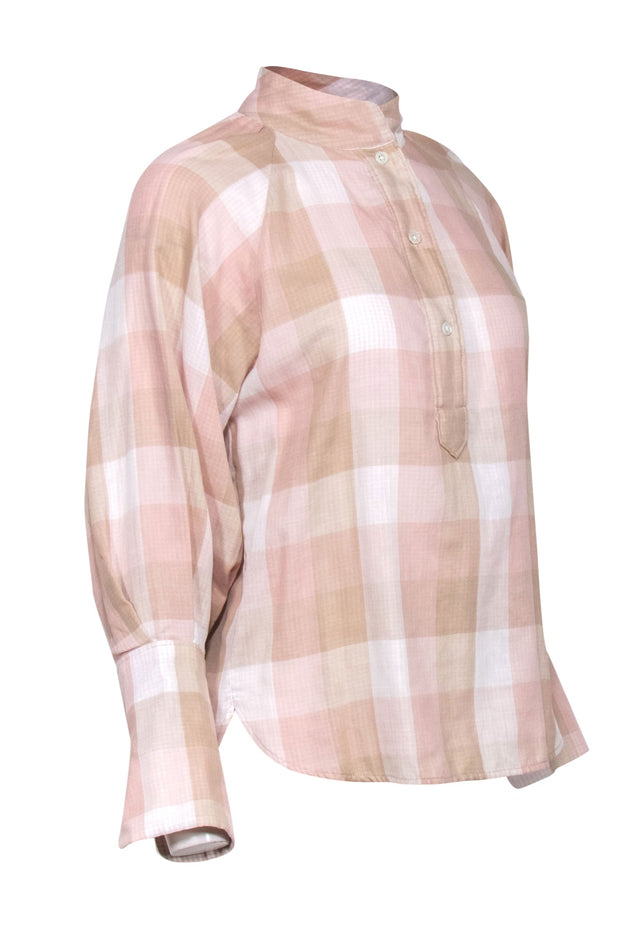 Current Boutique-Joie - Pale Pink & Beige Plaid Cotton Blouse Sz S