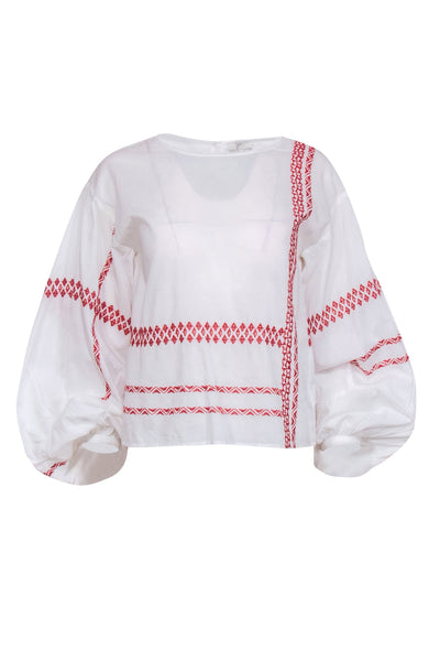 Current Boutique-Joie - White Cotton Puff Sleeve Peasant Blouse w/ Red Stitching Sz XS