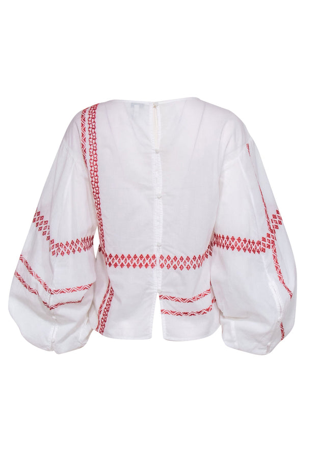 Current Boutique-Joie - White Cotton Puff Sleeve Peasant Blouse w/ Red Stitching Sz XS