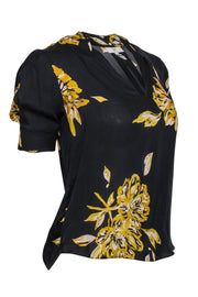 Current Boutique-Joie - Black & Yellow Floral Print Short Sleeve Silk Blouse Sz XXS