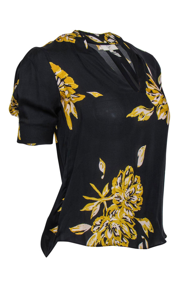 Current Boutique-Joie - Black & Yellow Floral Print Short Sleeve Silk Blouse Sz XXS