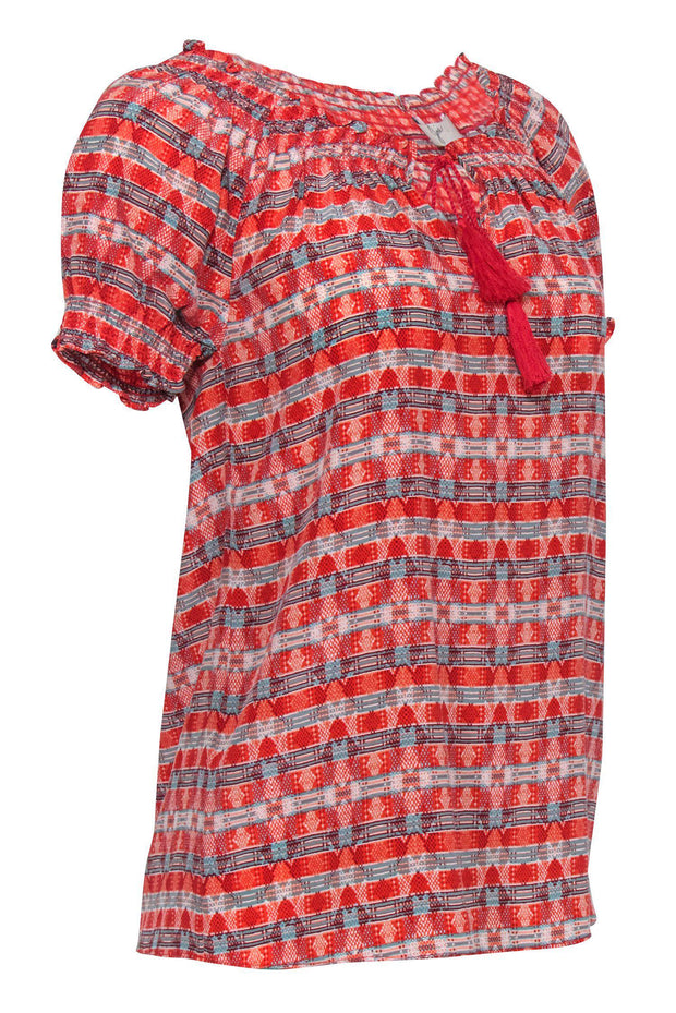 Current Boutique-Joie - Red & Blue Patterned Silk Peasant Top Sz XXS