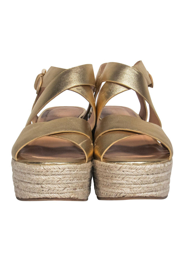 Current Boutique-Joie - Gold Strappy Woven Platform Wedges Sz 9