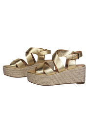 Current Boutique-Joie - Gold Strappy Woven Platform Wedges Sz 9