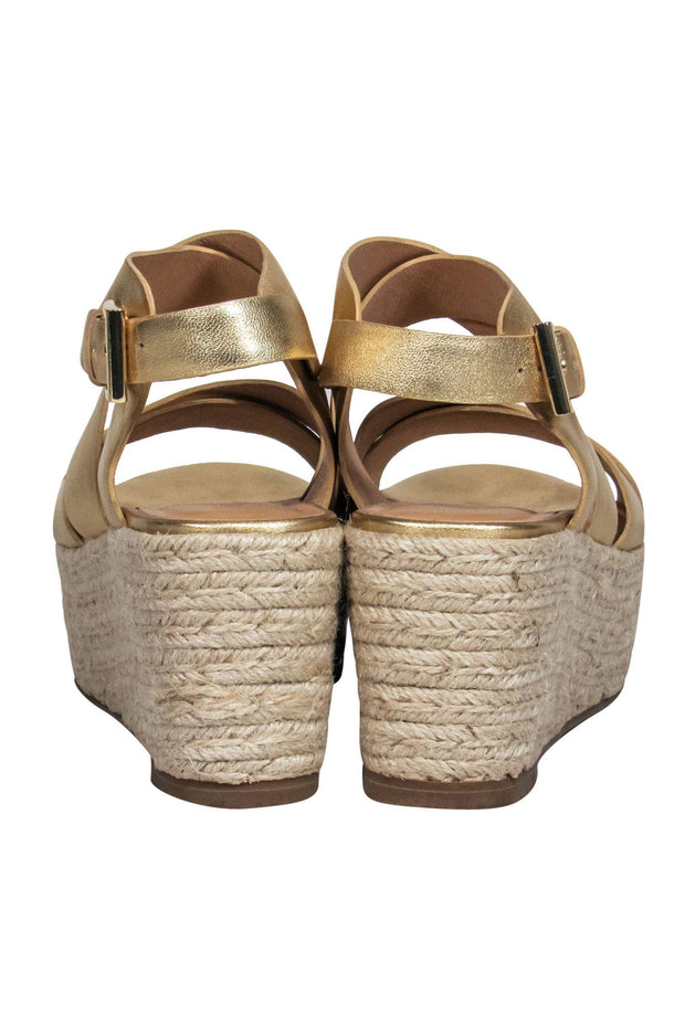Current Boutique-Joie - Gold Strappy Woven Platform Wedges Sz 9