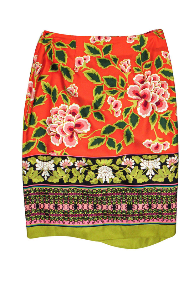 Current Boutique-Josie Natori - Orange Floral Printed Midi Skirt Sz 6