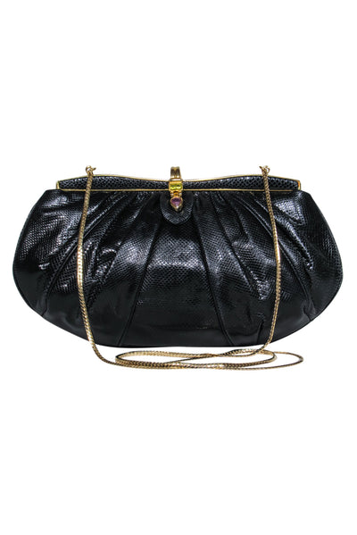 Current Boutique-Judith Leiber – Black Snakeskin w/ Purple & Green Gem Clasp Clutch
