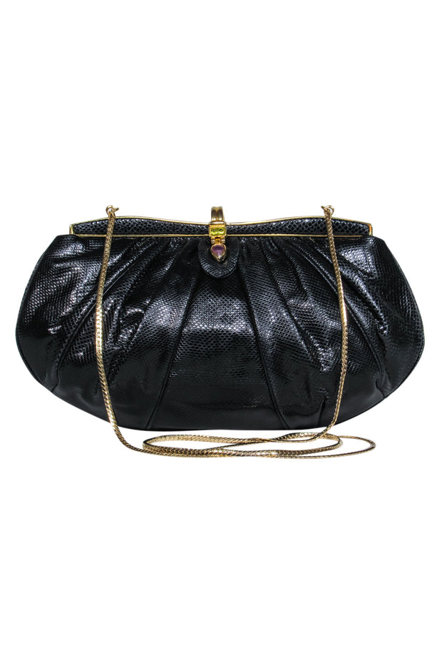 Current Boutique-Judith Leiber – Black Snakeskin w/ Purple & Green Gem Clasp Clutch