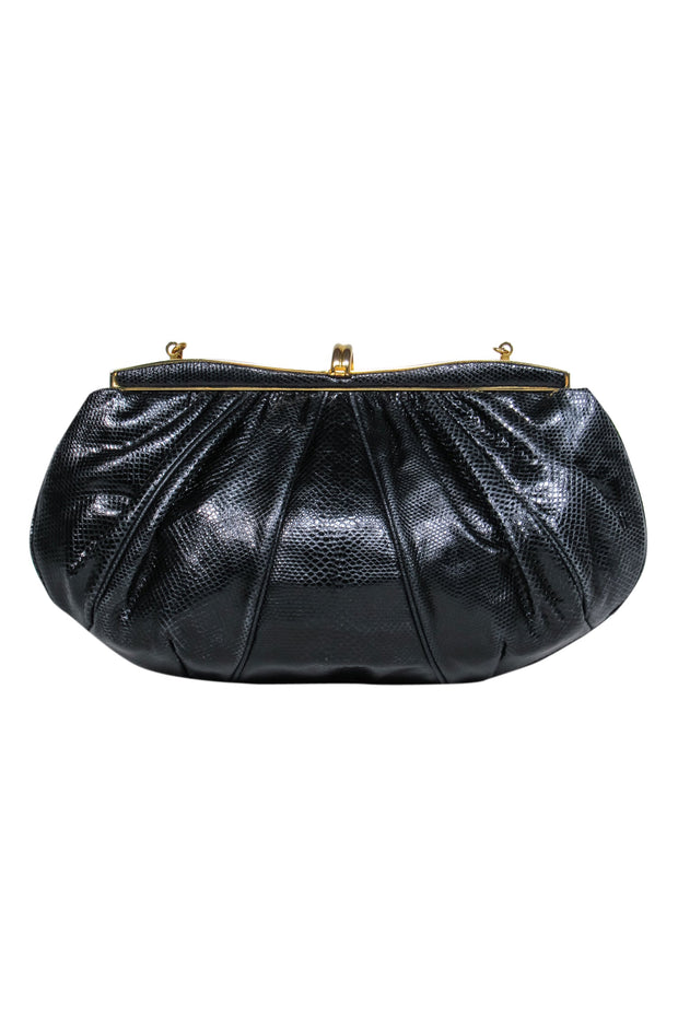 Current Boutique-Judith Leiber – Black Snakeskin w/ Purple & Green Gem Clasp Clutch