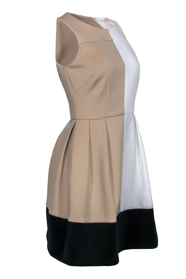 Current Boutique-Julie Brown - Nude, White, & Black Color-Blocked Fit & Flare Scuba Dress Sz S