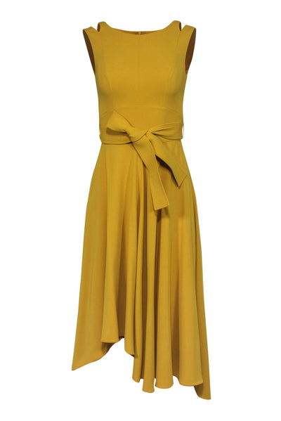 Current Boutique-Karen Millen - Canary Yellow Sleeveless Belted High-Low Midi Dress w/ Shoulder Cutouts Sz 2