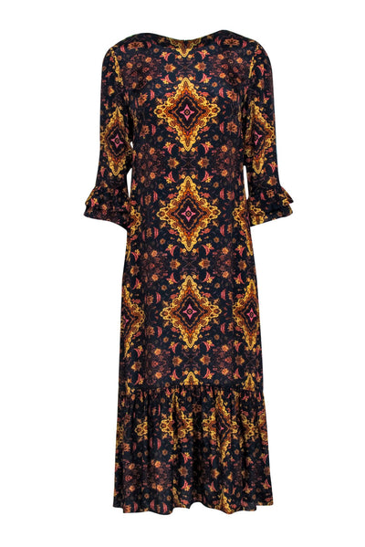 Current Boutique-Kachel X Anthropologie - Navy, Gold, & Pink Print Silk Blend Maxi Dress Sz 8