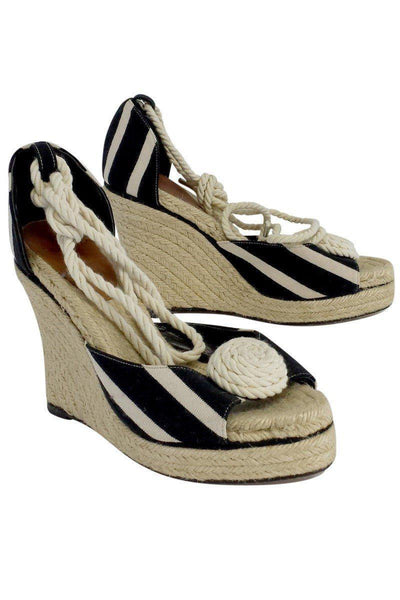 Current Boutique-Kate Spade - Black & Cream Striped Espadrille Wedges Sz 9