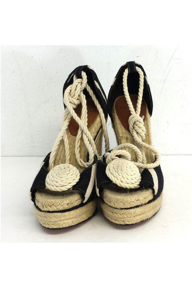 Current Boutique-Kate Spade - Black & Cream Striped Espadrille Wedges Sz 9