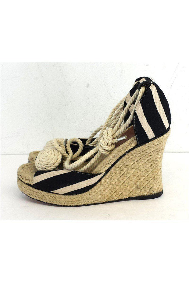 Current Boutique-Kate Spade - Black & Cream Striped Espadrille Wedges Sz 9