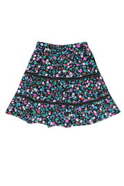 Current Boutique-Kate Spade - Black Multi-Colored Floral Silk Tired Mini Skirt w/ Eyelet Trim Sz 00