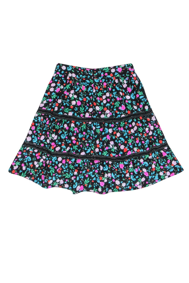 Current Boutique-Kate Spade - Black Multi-Colored Floral Silk Tired Mini Skirt w/ Eyelet Trim Sz 00