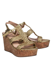Current Boutique-Kate Spade - Gold Strappy Braided Cork Wedges Sz 10
