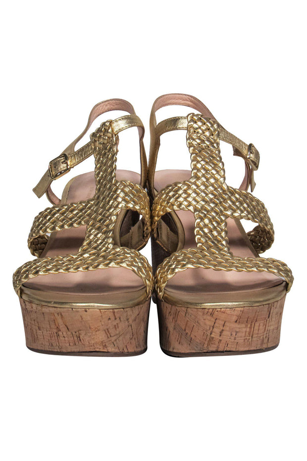 Current Boutique-Kate Spade - Gold Strappy Braided Cork Wedges Sz 10