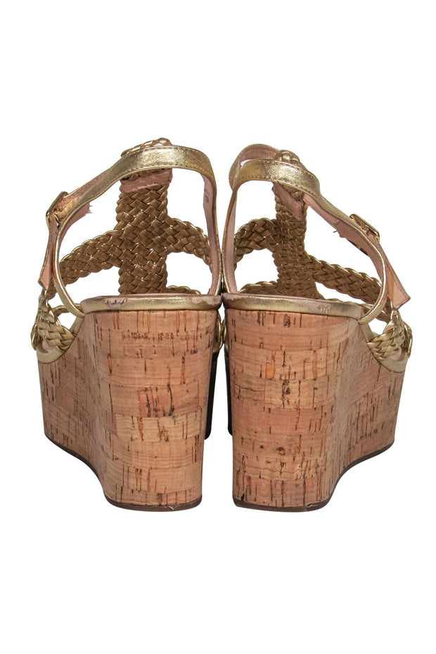 Current Boutique-Kate Spade - Gold Strappy Braided Cork Wedges Sz 10