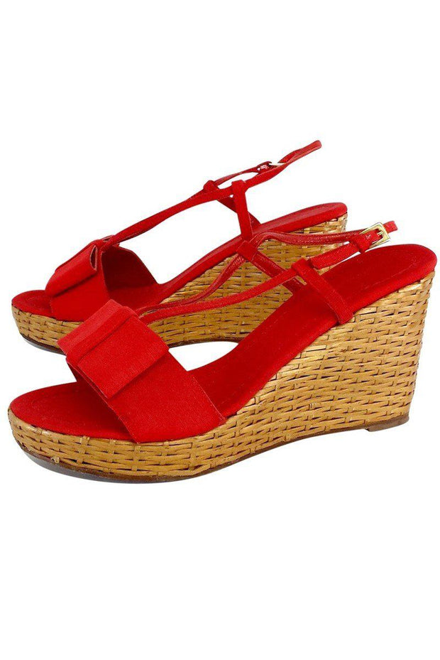 Current Boutique-Kate Spade - Red Canvas Bow & Woven Straw Wedges Sz 10