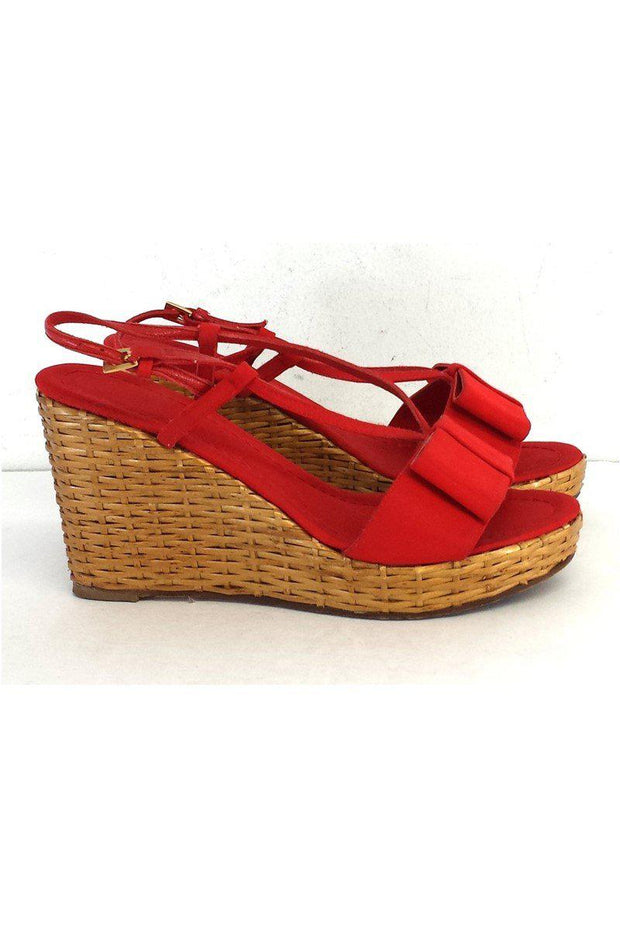 Current Boutique-Kate Spade - Red Canvas Bow & Woven Straw Wedges Sz 10