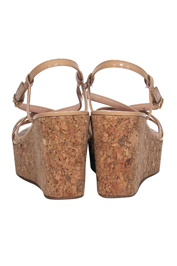 Current Boutique-Kate Spade - Tan Patent Leather Strappy Cork Wedges Sz 8
